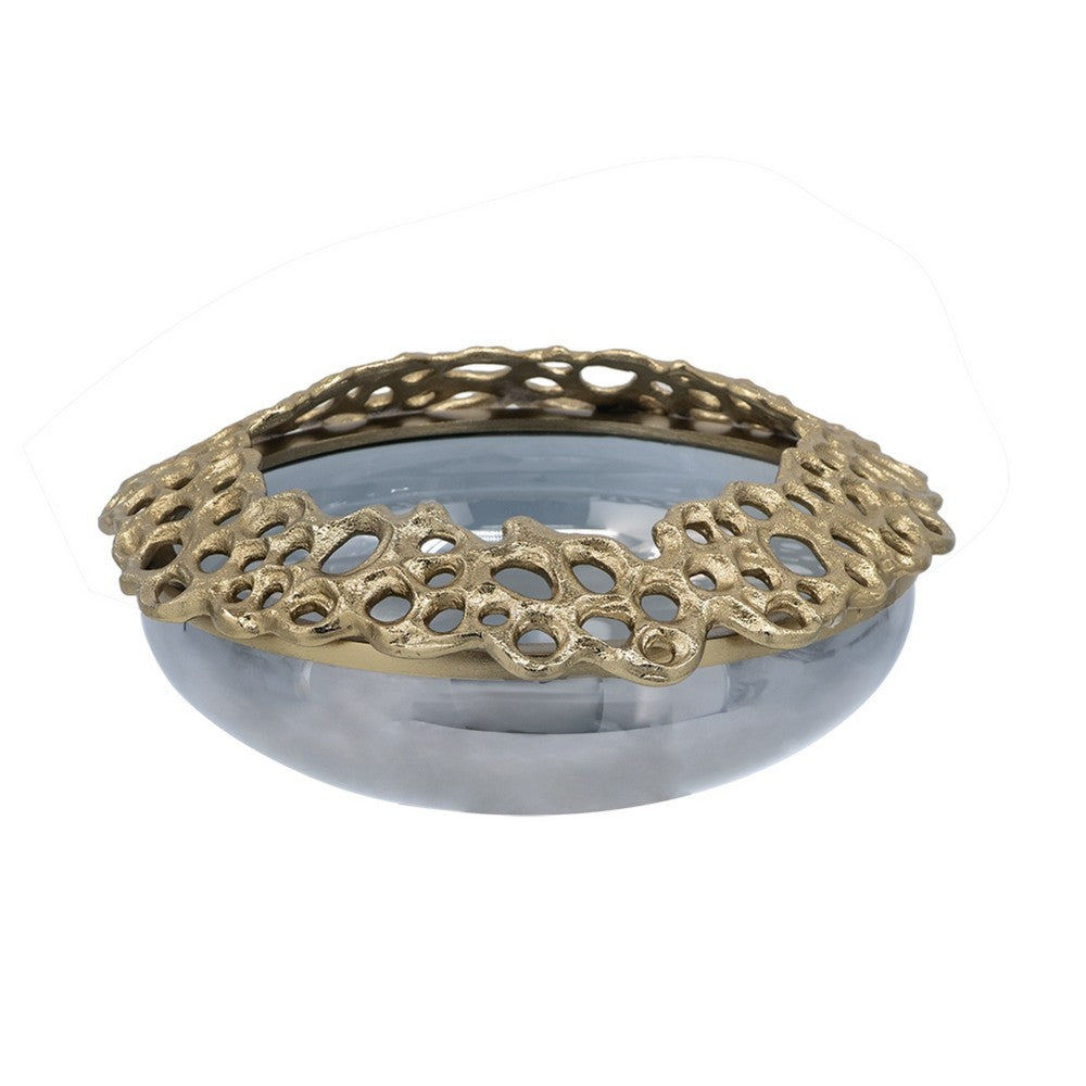 Brian Decorative Bowl with Gold Aluminum Sculpted Lid, Black Glass 12 Inch - BM350359