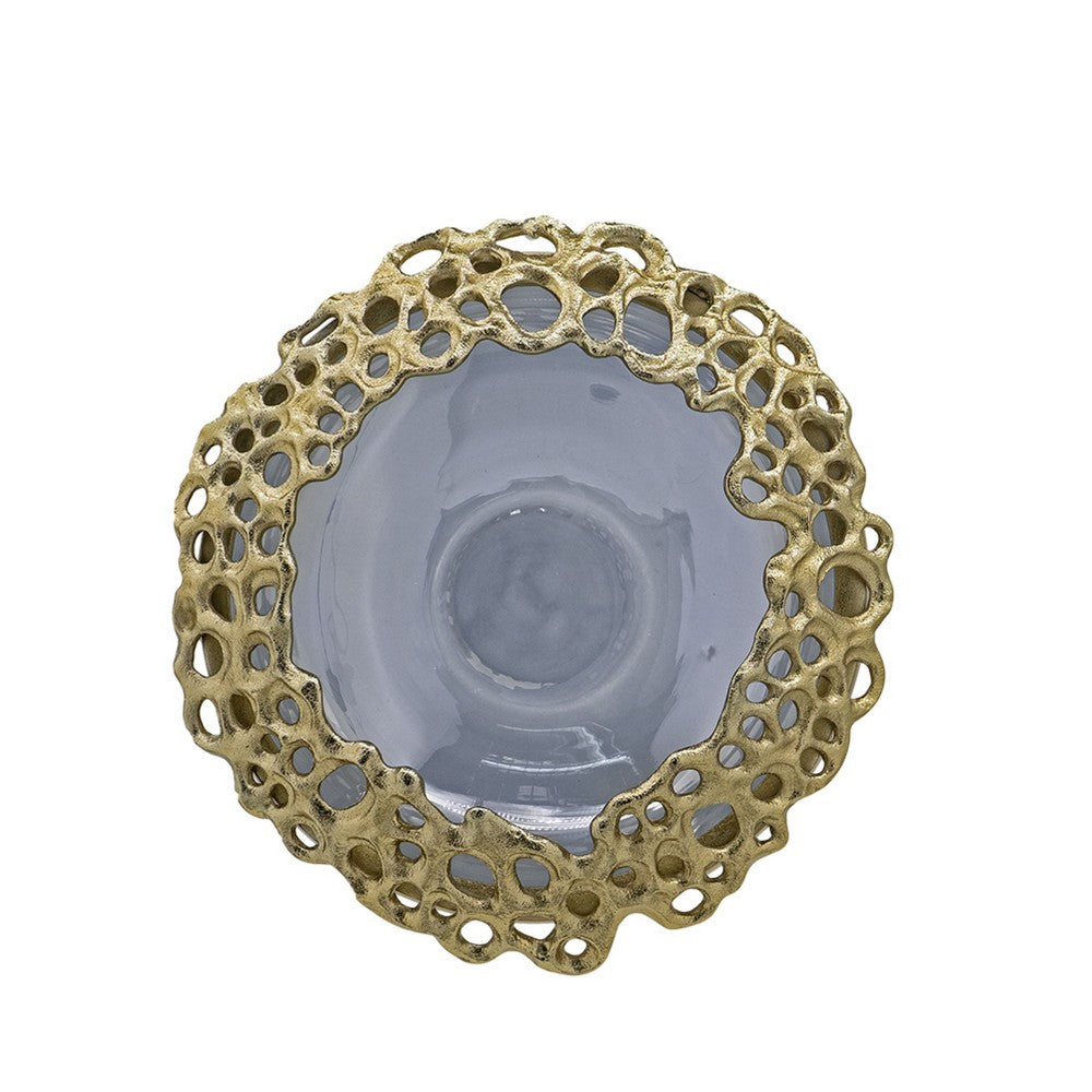 Brian Decorative Bowl with Gold Aluminum Sculpted Lid, Black Glass 12 Inch - BM350359