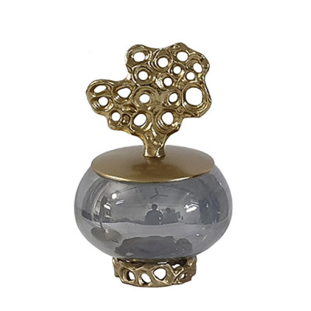 Marcy Decor Jar, Perforated Design Gold Aluminum Lid, Black Glass, 10 Inch - BM350361