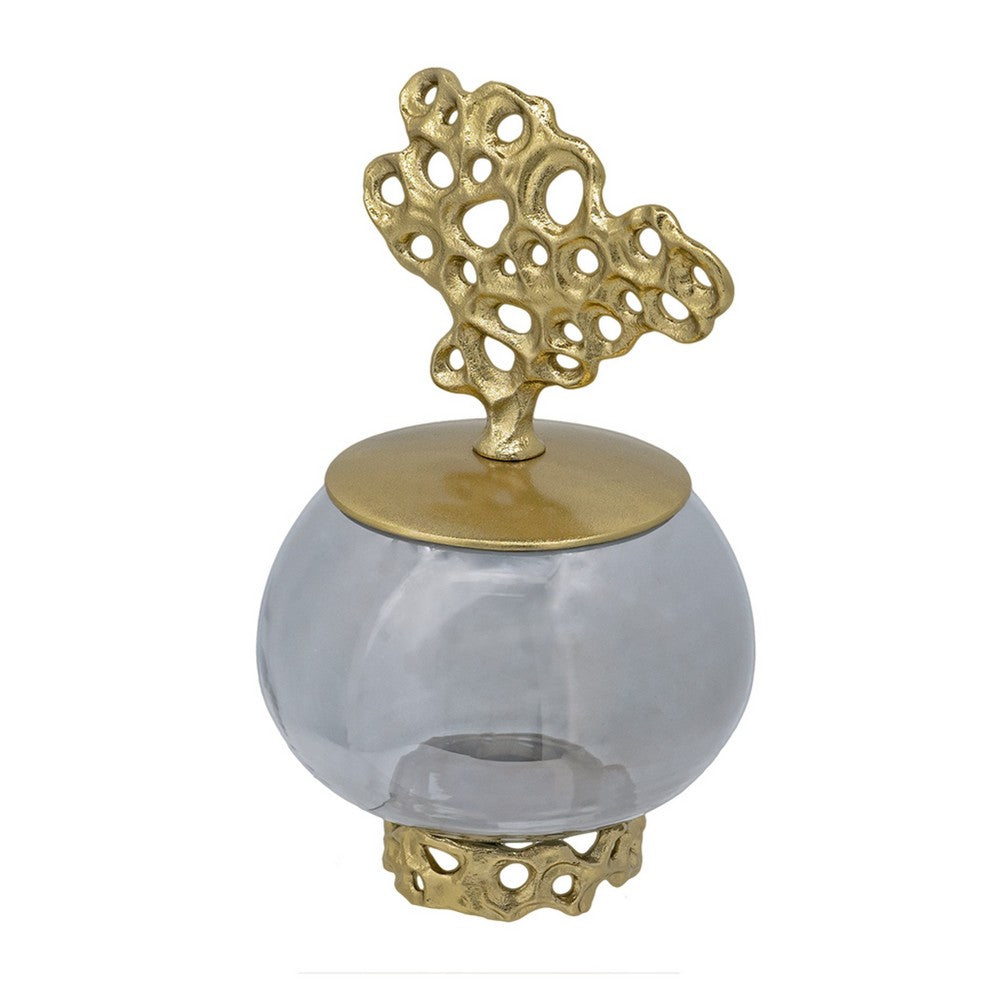 Marcy Decor Jar, Perforated Design Gold Aluminum Lid, Black Glass, 10 Inch - BM350361