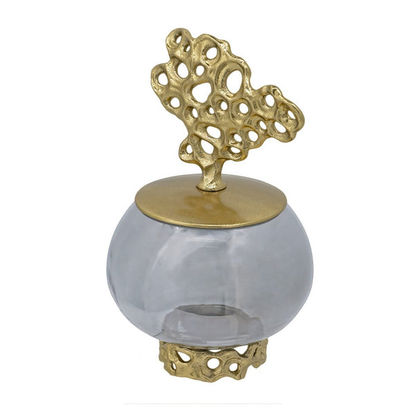 Marcy Decor Jar, Perforated Design Gold Aluminum Lid, Black Glass, 10 Inch - BM350361