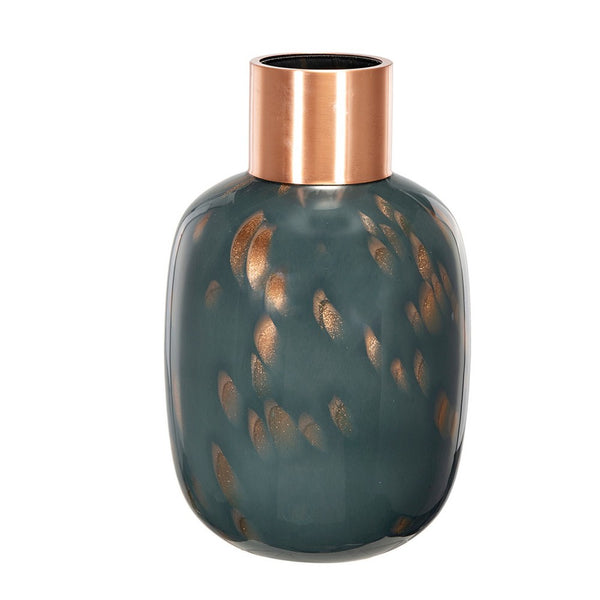 Celina Round Vase, Copper Fleck Details, Iron Neck Blue Glass, 17 Inch - BM350365