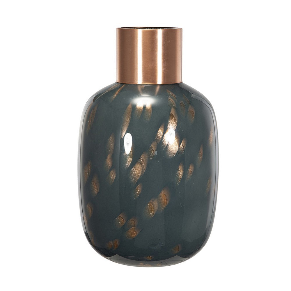 Celina Round Vase, Copper Fleck Details, Iron Neck Blue Glass, 17 Inch - BM350365
