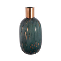 Celina Round Vase with Copper Fleck Details Blue Glass, Iron Neck, 20 Inch - BM350366