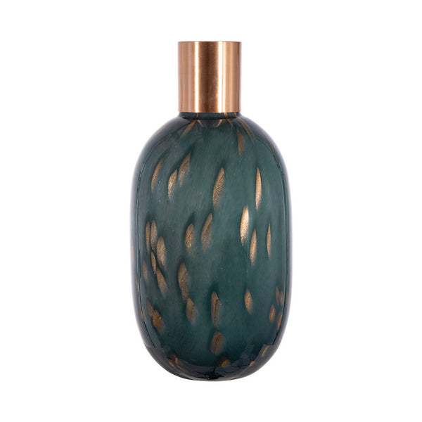 Celina Round Vase with Copper Fleck Details Blue Glass, Iron Neck, 20 Inch - BM350366