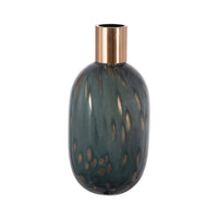 Celina Round Vase with Copper Fleck Details Blue Glass, Iron Neck, 20 Inch - BM350366