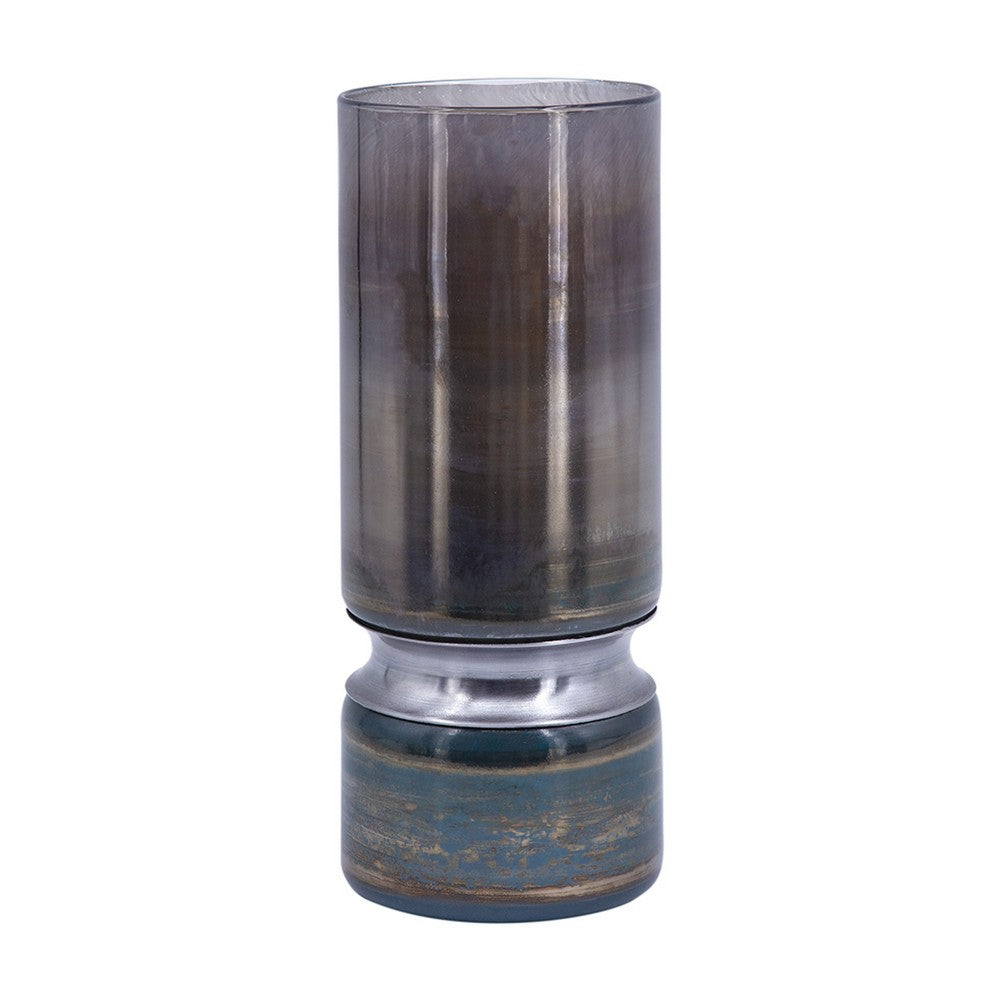 Jane Large Decorative Vase, Steel Base, Layered Blue-Black Glass 13 Inch - BM350367