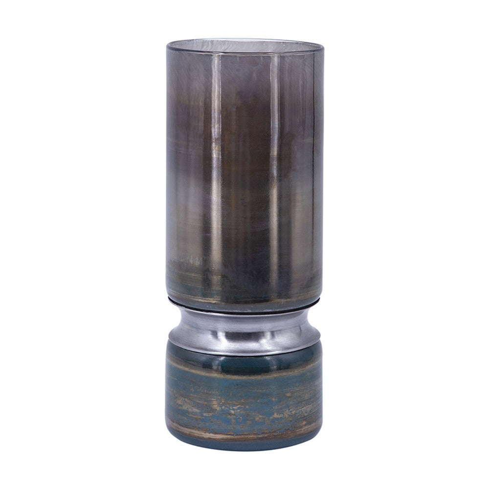 Jane Large Decorative Vase, Steel Base, Layered Blue-Black Glass 13 Inch - BM350367