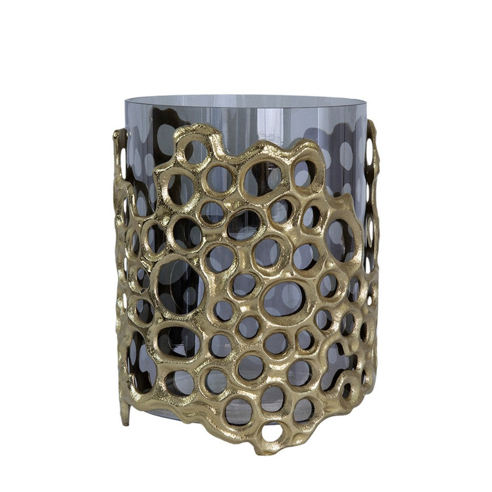 Brian Candle Holder, Honey Comb Gold  Frame, Black Glass 11 Inch - BM350369