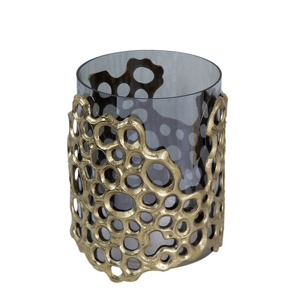 Brian Candle Holder, Honey Comb Gold  Frame, Black Glass 11 Inch - BM350369
