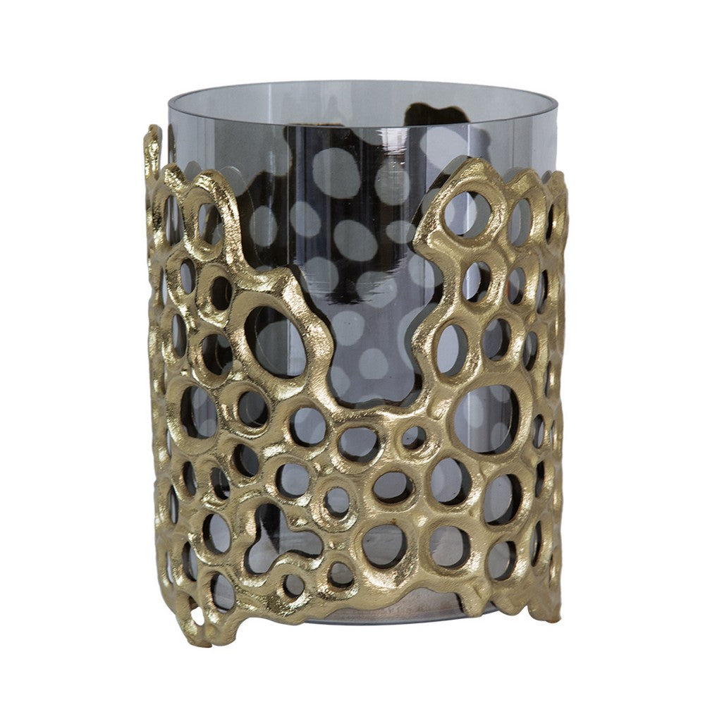 Brian Candle Holder, Honey Comb Gold  Frame, Black Glass 11 Inch - BM350369