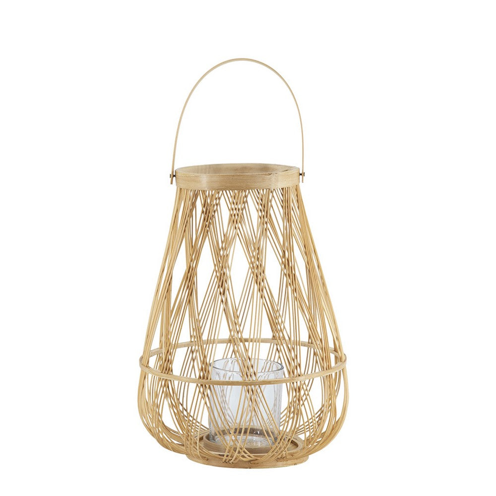 Nicole Decorative Lantern, Open Weave Design, Beige Bamboo, Glass 13 Inch - BM350370