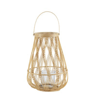 Nicole Decorative Lantern, Open Weave Design, Beige Bamboo, Glass 13 Inch - BM350370