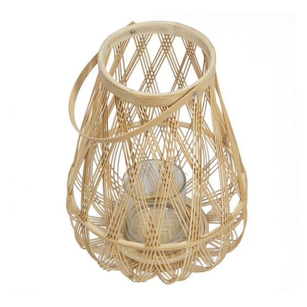 Nicole Decorative Lantern, Open Weave Design, Beige Bamboo, Glass 13 Inch - BM350370