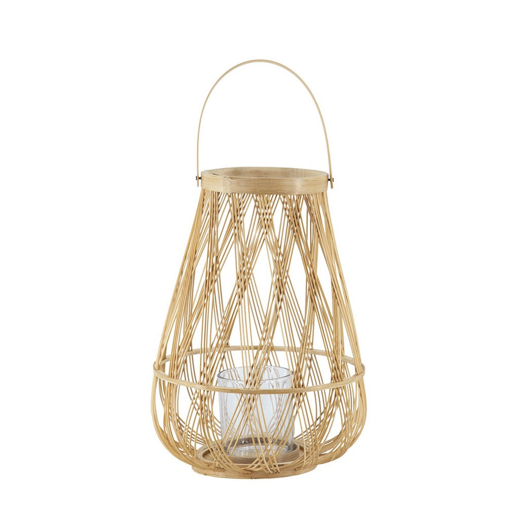 Nicole Decorative Lantern, Open Weave Design, Beige Bamboo, Glass 13 Inch - BM350370