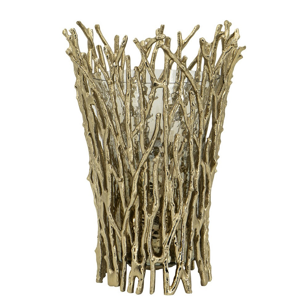 Mandy Mabrey Candle Holder, Branch Details, Gold Metal, Black Glass 13 Inch - BM350371