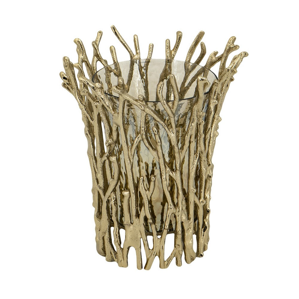 Mandy Mabrey Candle Holder, Branch Details, Gold Metal, Black Glass 13 Inch - BM350371