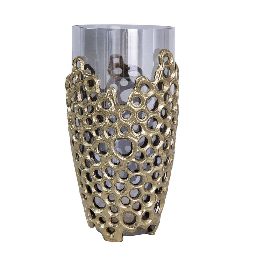 Brian Decorative Vase with Gold Metal Sculpted Lid, Black Glass 15 Inch - BM350372