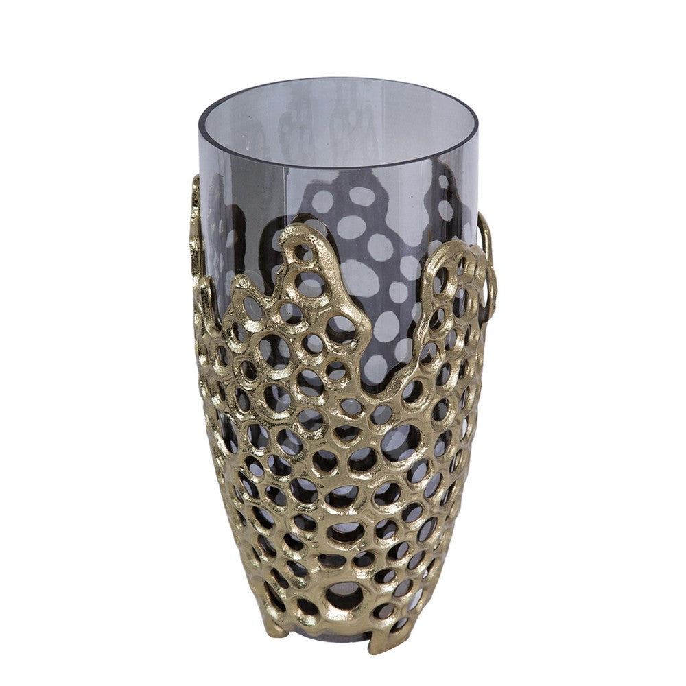 Brian Decorative Vase with Gold Metal Sculpted Lid, Black Glass 15 Inch - BM350372