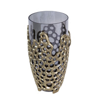 Brian Decorative Vase with Gold Metal Sculpted Lid, Black Glass 15 Inch - BM350372
