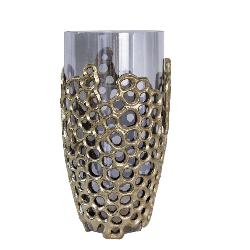 Brian Decorative Vase with Gold Metal Sculpted Lid, Black Glass 15 Inch - BM350372