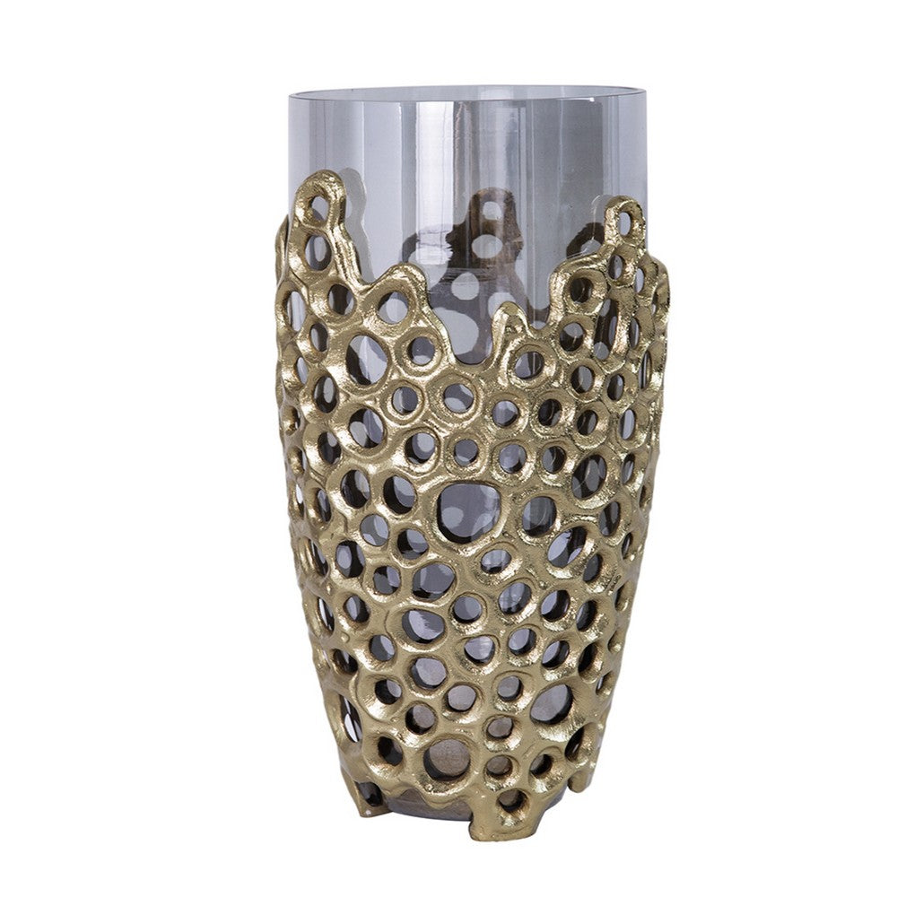 Brian Decorative Vase with Gold Metal Sculpted Lid, Black Glass 15 Inch - BM350372