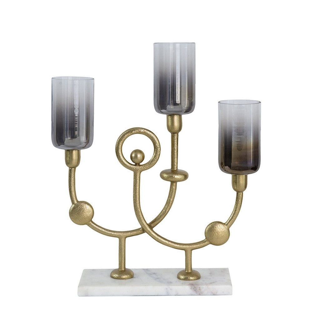 Vinie Candle Holder, Vintage 3 Arm Design, Gold Metal, Black Glass 17 Inch - BM350373