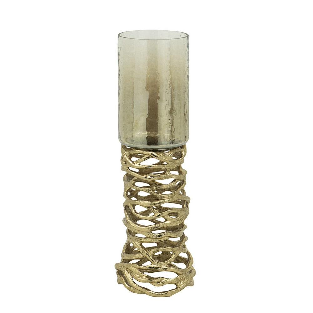 Ashly Candle Holder, Swirled Branch Accent, Gold Metal, Brown Glass 15 Inch - BM350374