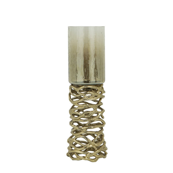 Ashly Candle Holder, Swirled Branch Accent, Gold Metal, Brown Glass 15 Inch - BM350374