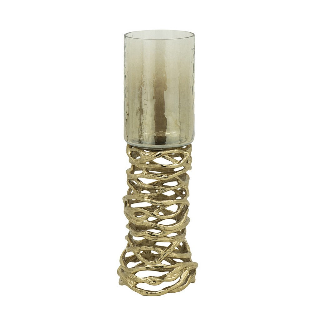 Ashly Candle Holder, Swirled Branch Accent, Gold Metal, Brown Glass 15 Inch - BM350374