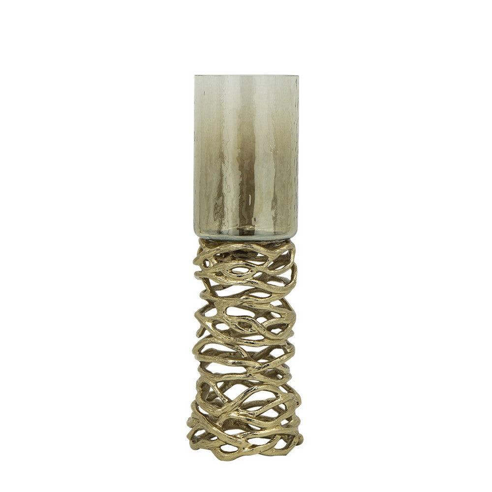 Ashly Candle Holder, Swirled Branch Accent, Gold Metal, Brown Glass 15 Inch - BM350374