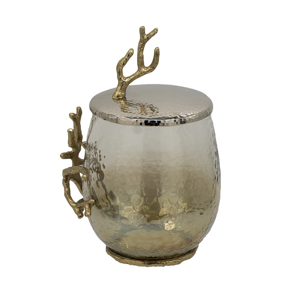 Akra Large Mabrey Jar, Gold Branch-Like Lid, Brown Hammered Glass 11 Inch - BM350375