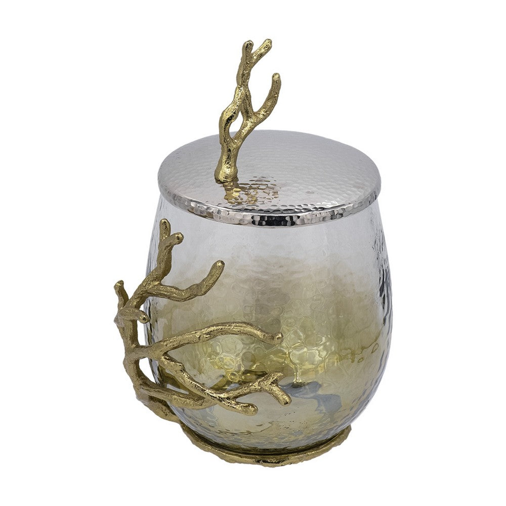 Akra Large Mabrey Jar, Gold Branch-Like Lid, Brown Hammered Glass 11 Inch - BM350375