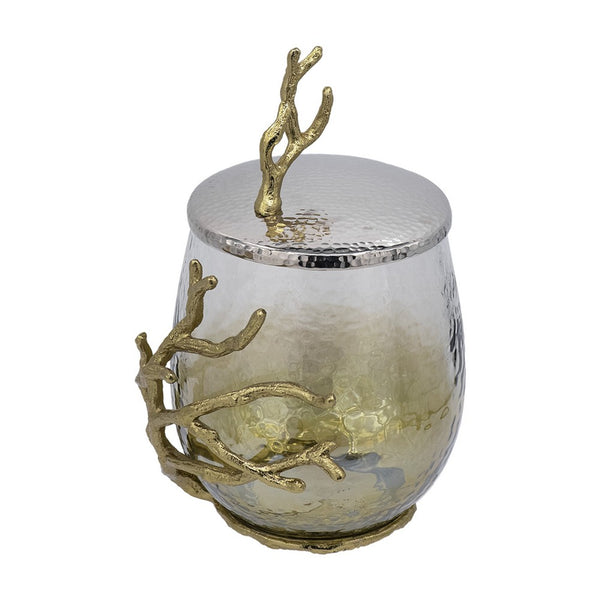 Akra Large Mabrey Jar, Gold Branch-Like Lid, Brown Hammered Glass 11 Inch - BM350375