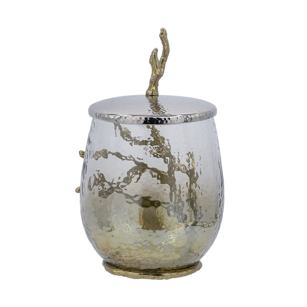 Akra Large Mabrey Jar, Gold Branch-Like Lid, Brown Hammered Glass 11 Inch - BM350375