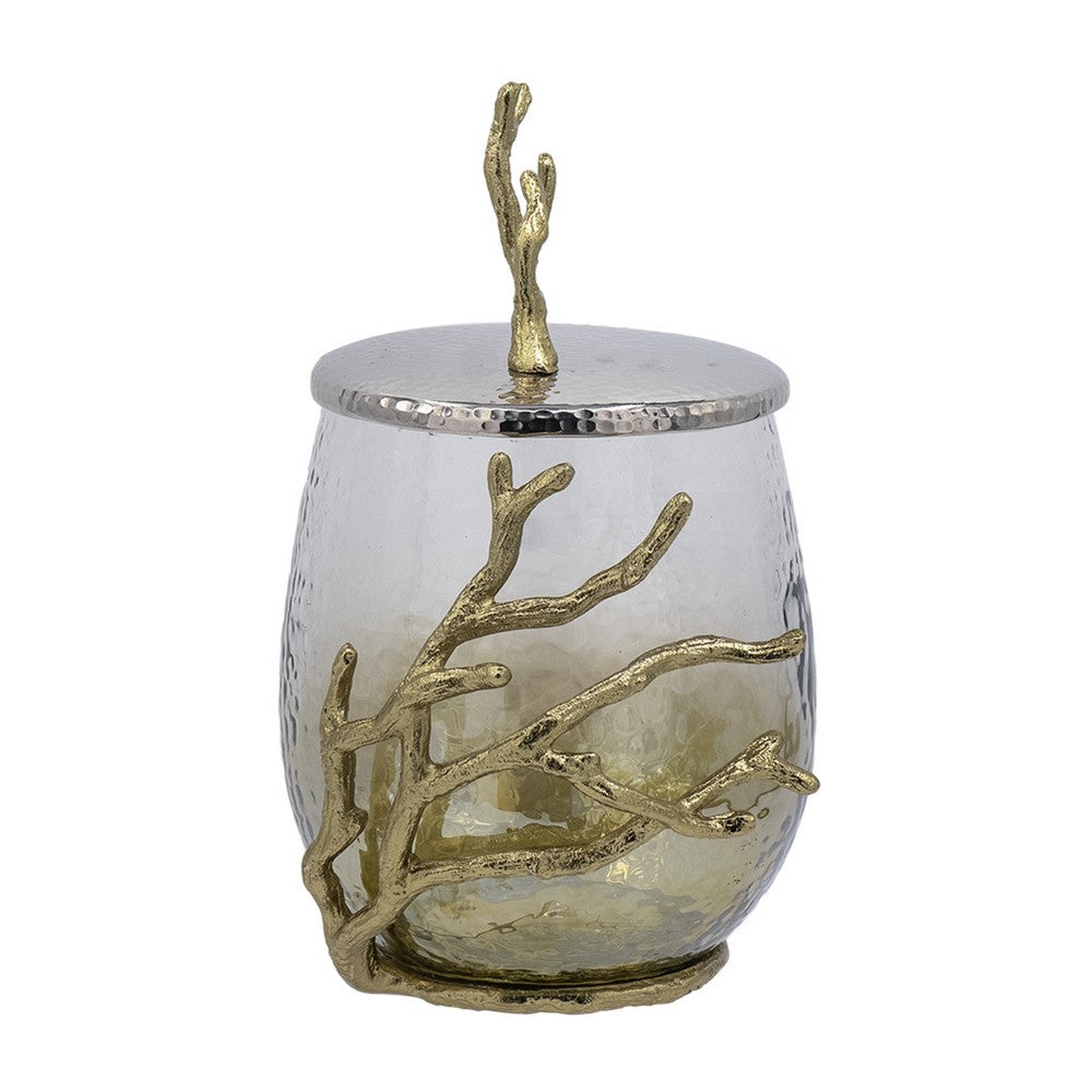 Akra Large Mabrey Jar, Gold Branch-Like Lid, Brown Hammered Glass 11 Inch - BM350375