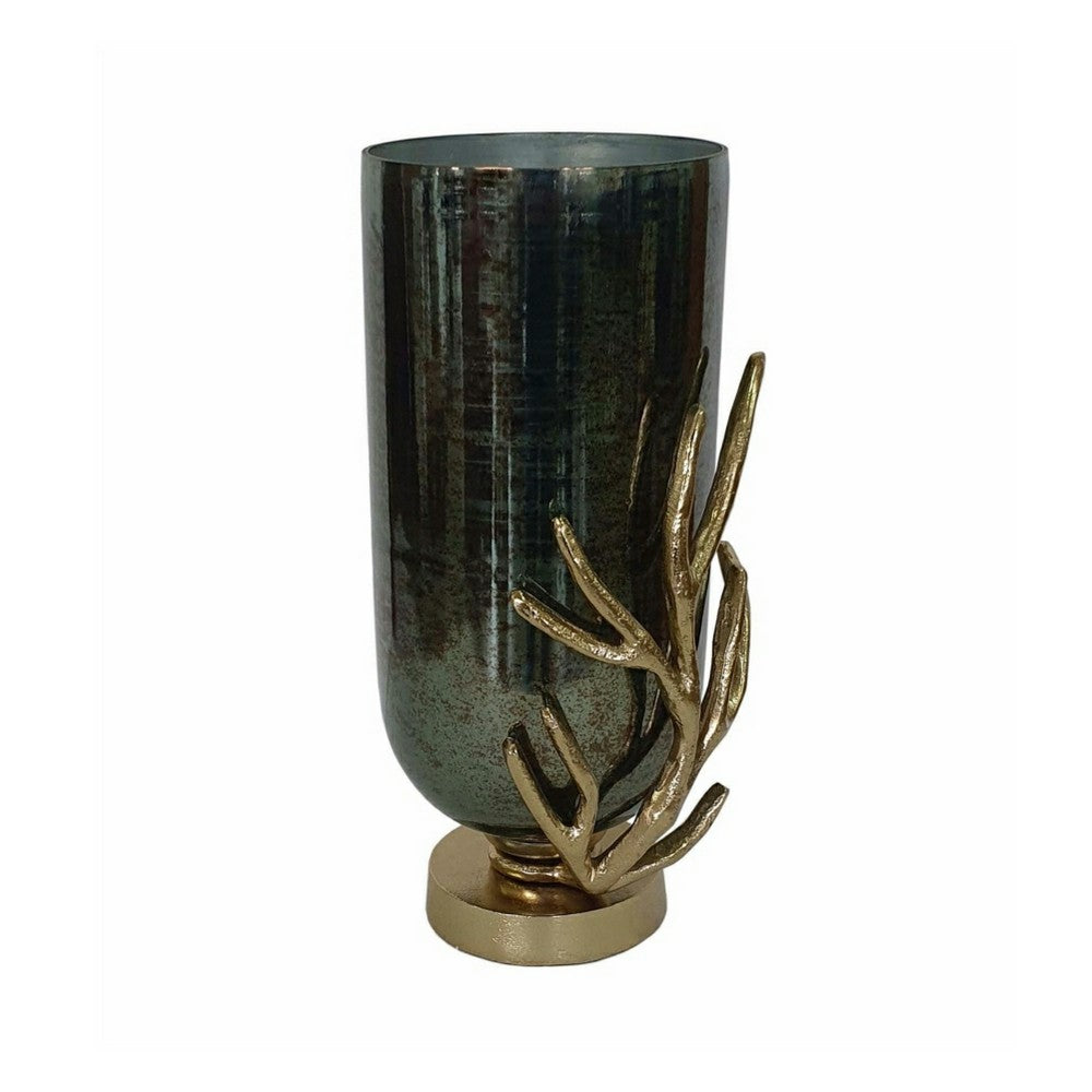 Jenise Small Vase with Gold Aluminum Leaf Accent, Silver-Black Glass 14 Inch - BM350376