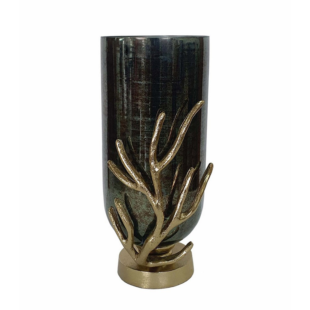 Jenise Small Vase with Gold Aluminum Leaf Accent, Silver-Black Glass 14 Inch - BM350376