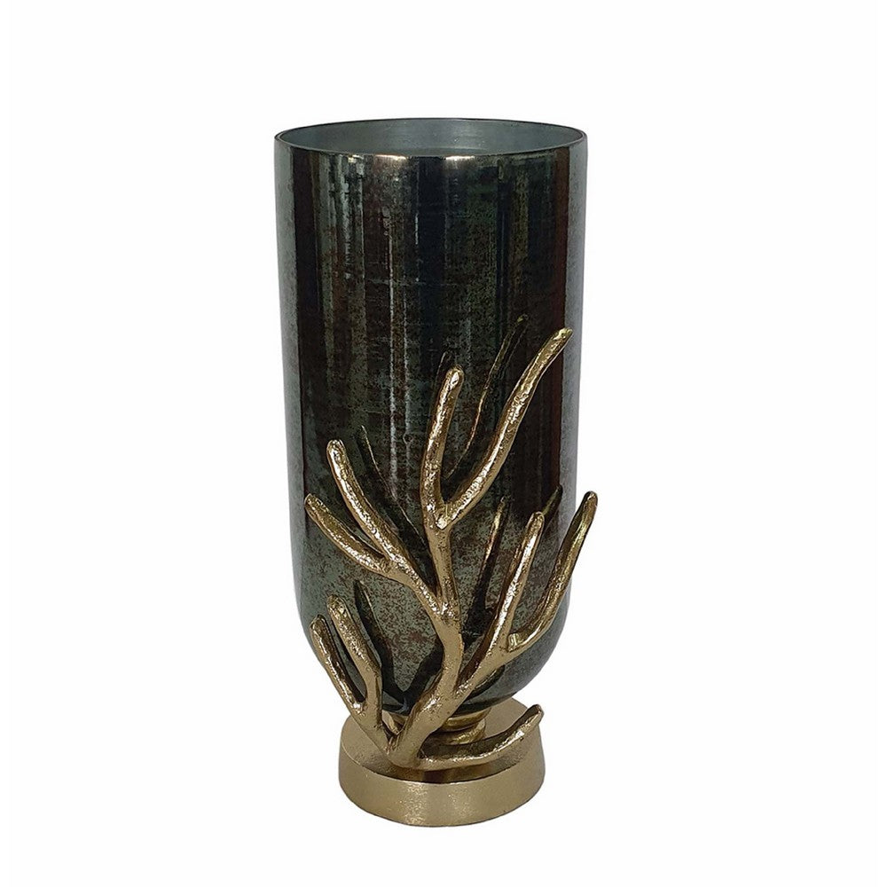 Jenise Small Vase with Gold Aluminum Leaf Accent, Silver-Black Glass 14 Inch - BM350376