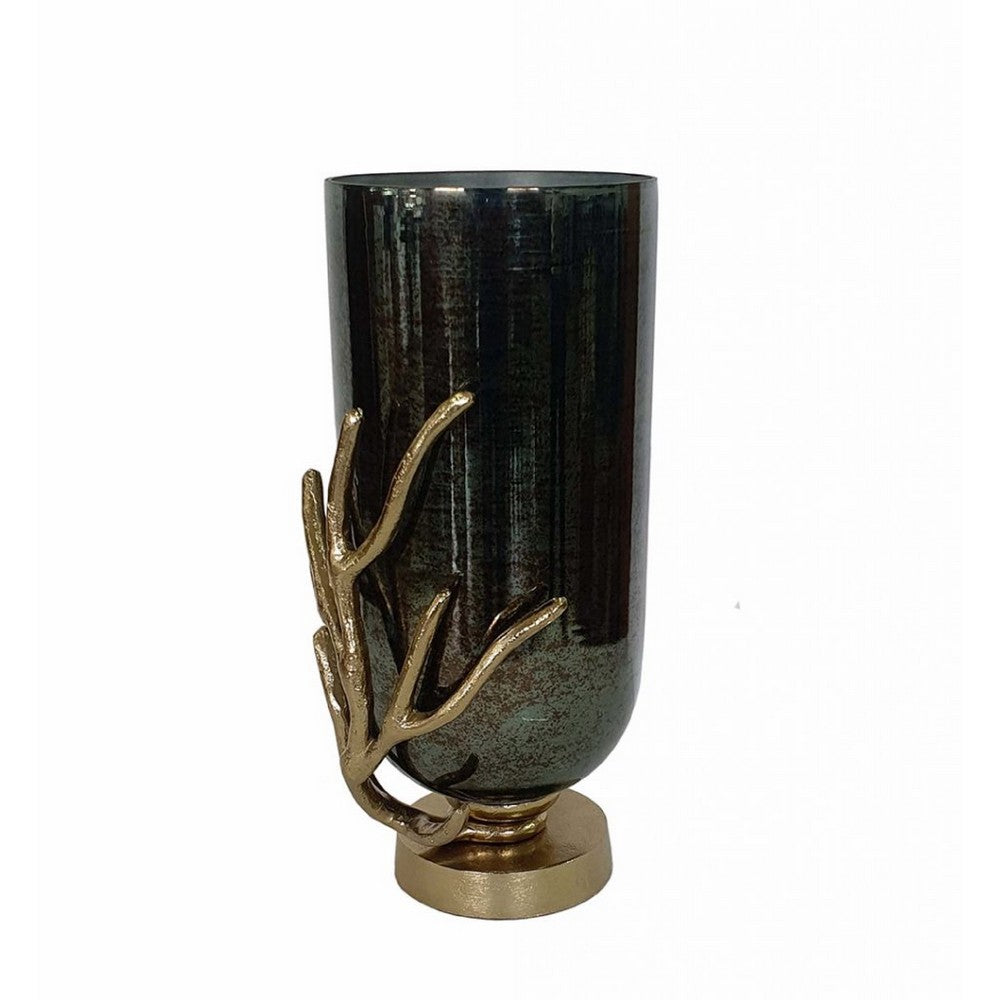 Jenise Small Vase with Gold Aluminum Leaf Accent, Silver-Black Glass 14 Inch - BM350376