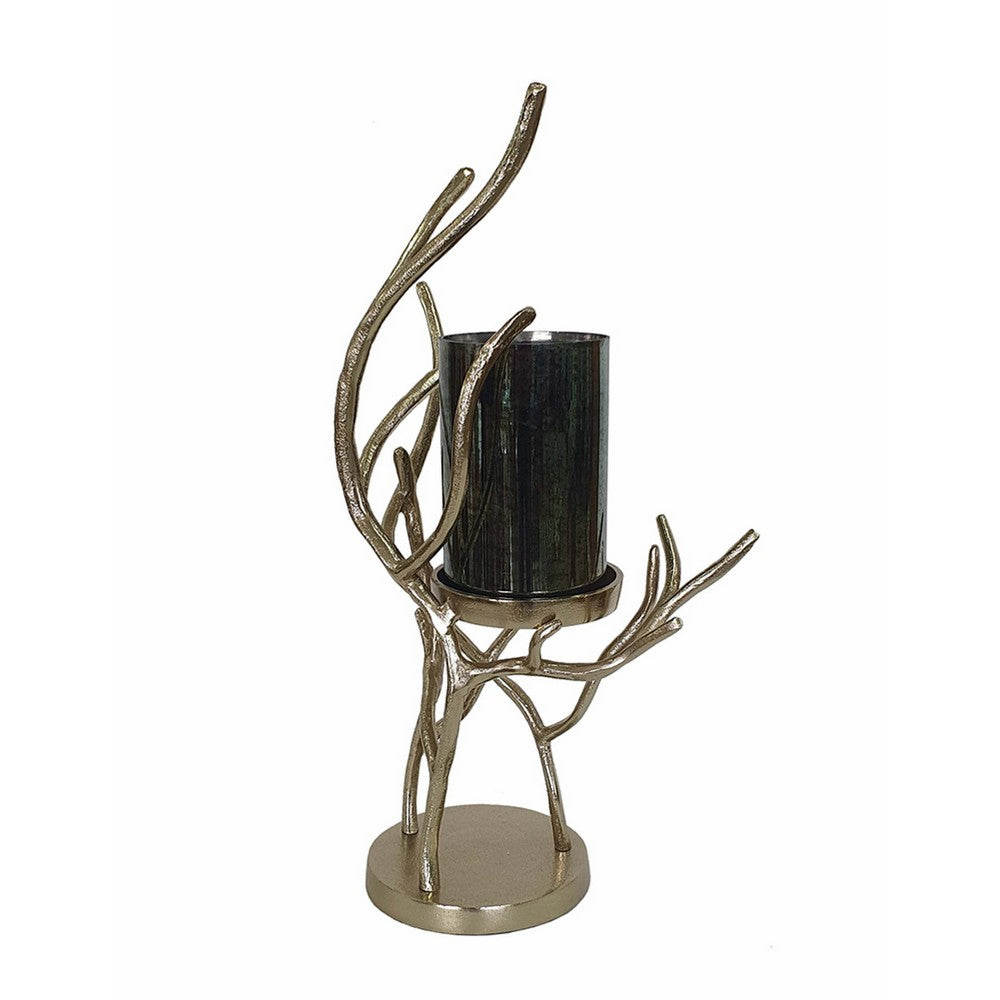 Minie Candle Holder, Twisted Branch Base, Gold Finish, Black Glass 18 Inch - BM350380