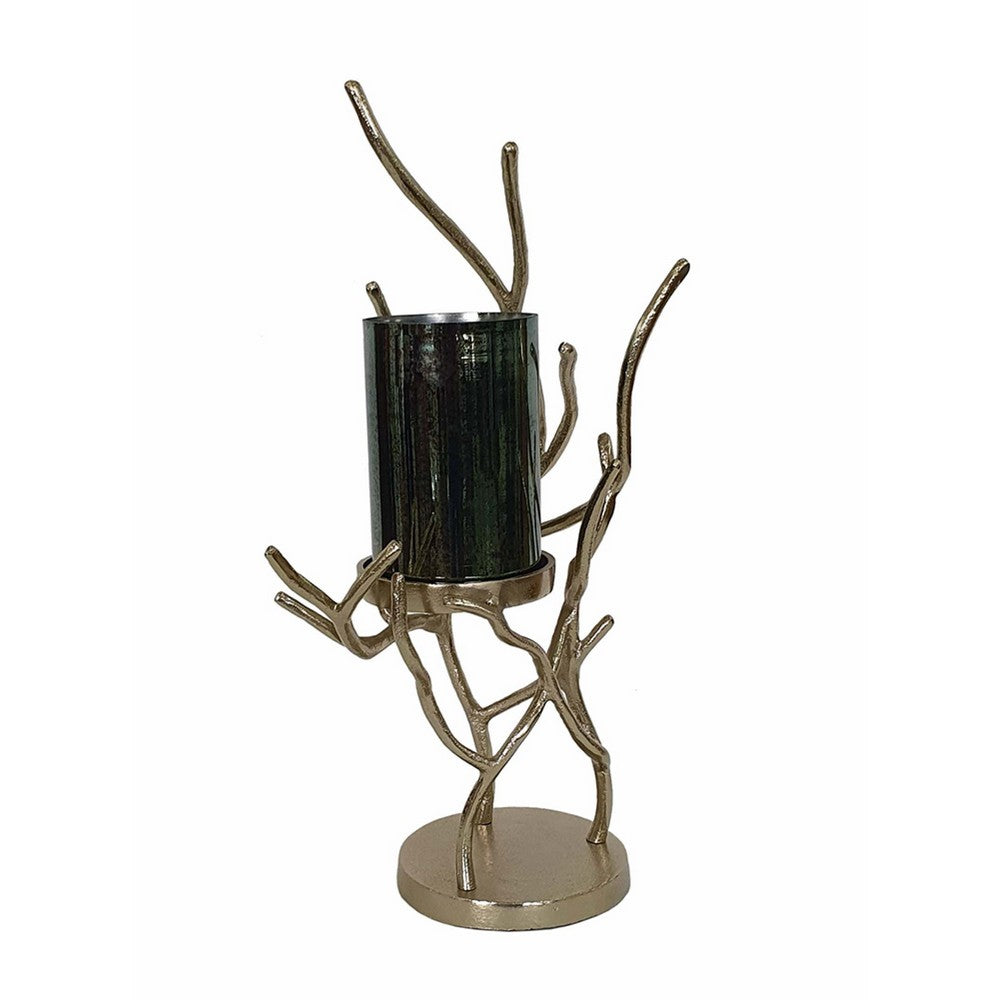 Minie Candle Holder, Twisted Branch Base, Gold Finish, Black Glass 18 Inch - BM350380