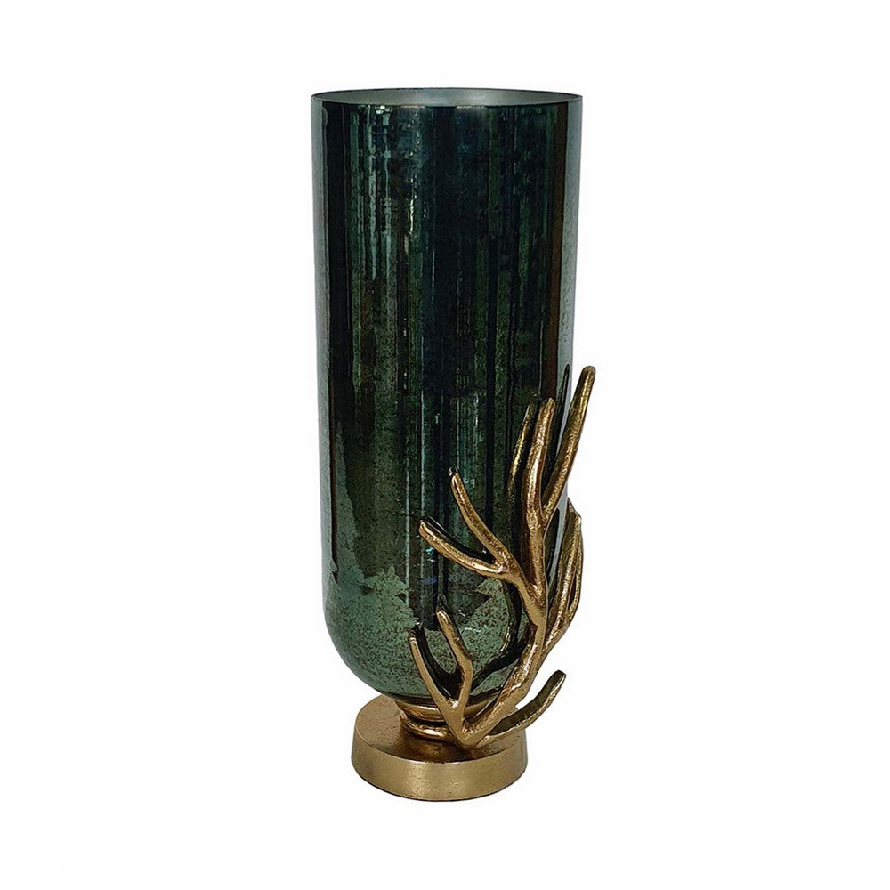 Jenise Large Vase with Gold Aluminum Leaf Accent, Silver-Black Glass 17in - BM350381