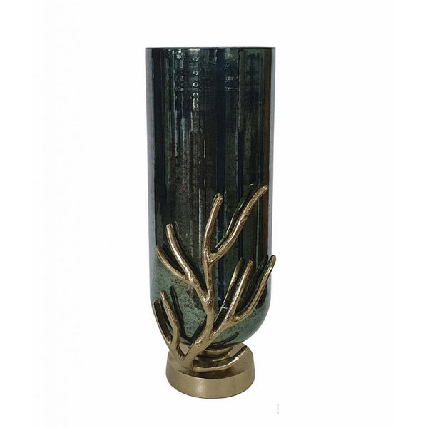 Jenise Large Vase with Gold Aluminum Leaf Accent, Silver-Black Glass 17in - BM350381