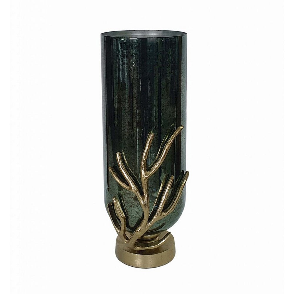 Jenise Large Vase with Gold Aluminum Leaf Accent, Silver-Black Glass 17in - BM350381