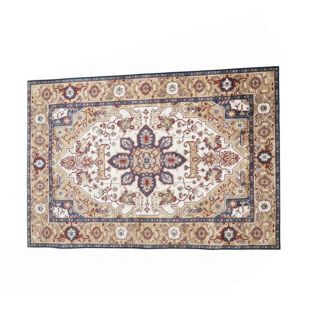 Hano 6x9 Large Area Rug, Vintage Blue Gold Bohemian Persian Style, Washable - BM350769