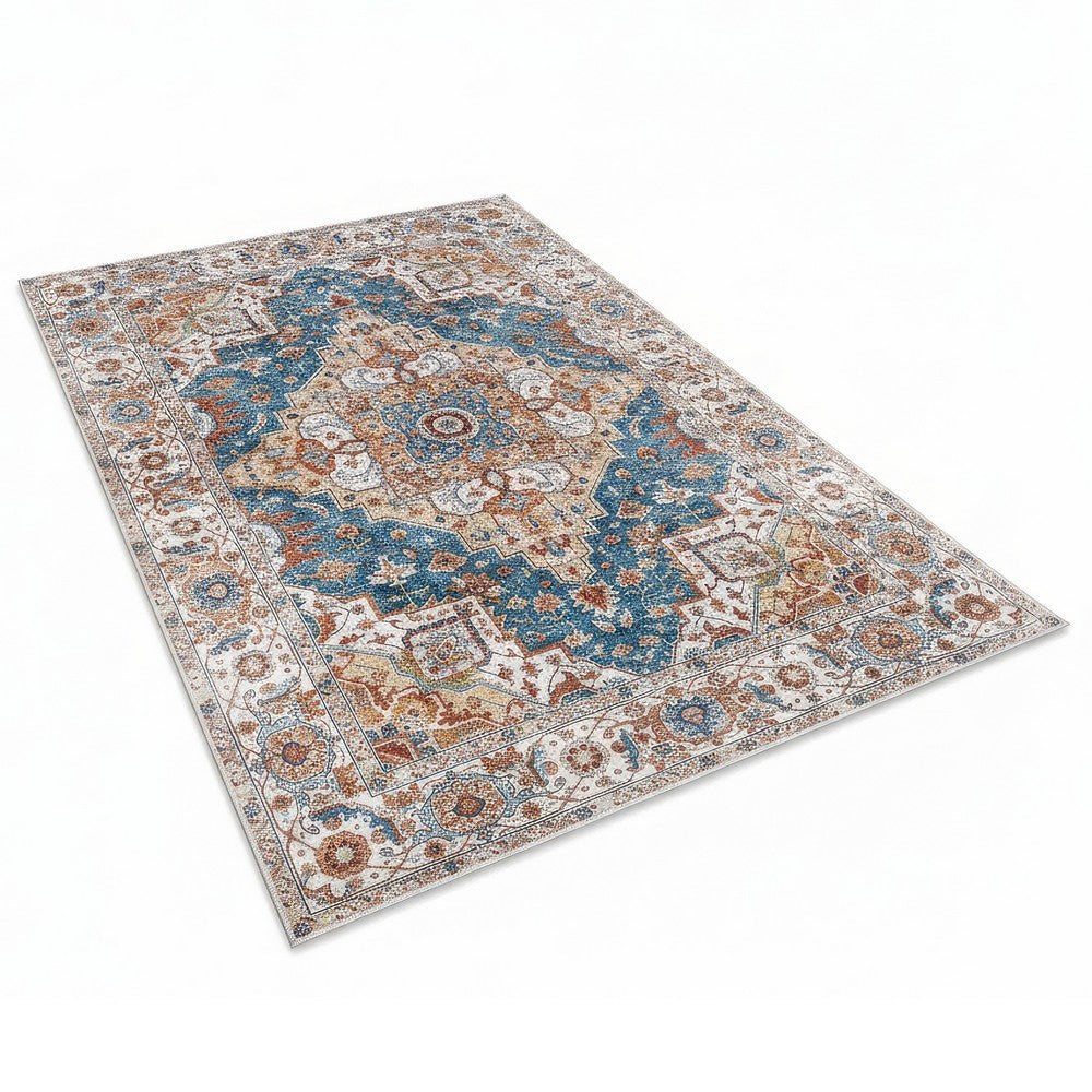 5x7 Medium Area Rug, Vintage Blue Yellow Persian Floral Pattern - BM350772