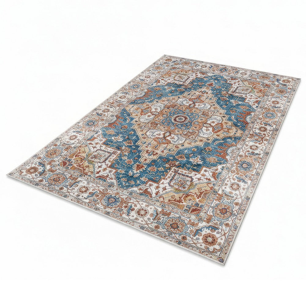 5x7 Medium Area Rug, Vintage Blue Yellow Persian Floral Pattern - BM350772