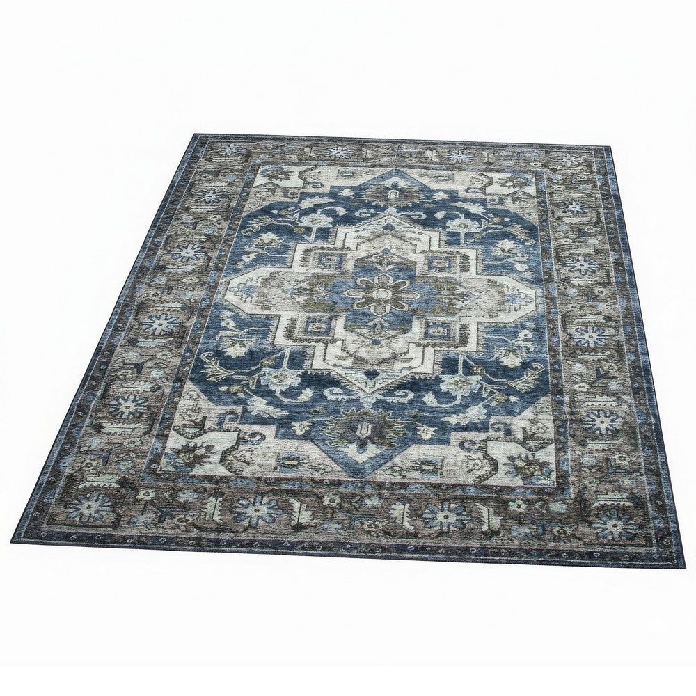5x7 Medium Area Rug, Blue and Brown Bohemian Vintage Floral Pattern - BM350774