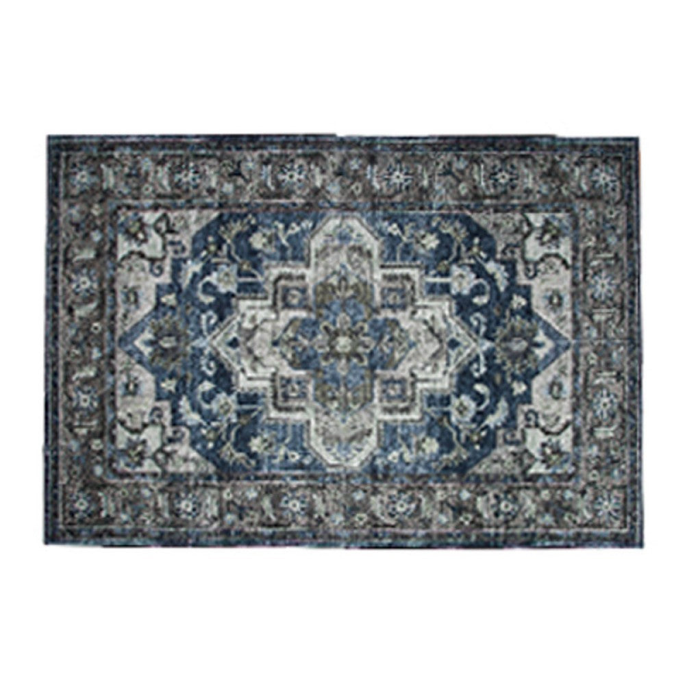 5x7 Medium Area Rug, Blue and Brown Bohemian Vintage Floral Pattern - BM350774
